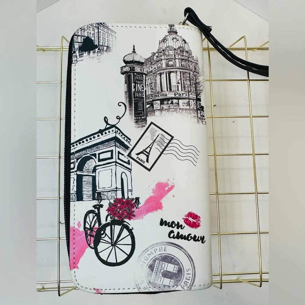 Claire’s Paris Zippered Accordion Wallet Wristlet Watercolor Style Pink & Black